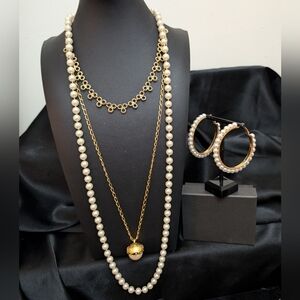 "#87. Today's Pearls"  Vintage Glass Pearls Gold Necklaces & Pearl Hoops